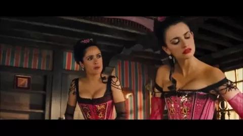 Mexican charmer Salma Hayek and Spanish Penelope Cruz in corsets in group sex scene